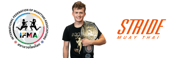 Man holding a championship belt, next to logos for IFMA and STRIDE Muay Thai.