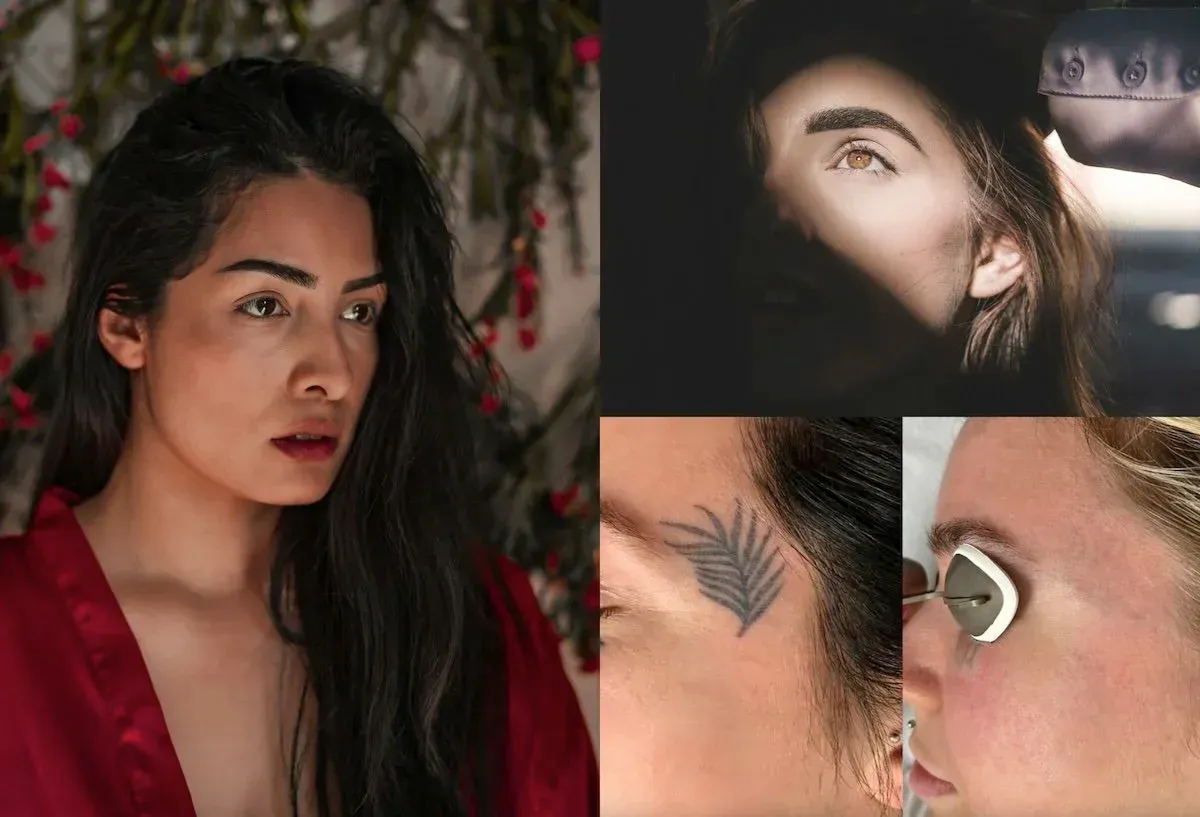 A collage showing a person, a closeup of a fern leaf tattoo near an eyebrow, and a person undergoing laser  treatment.
