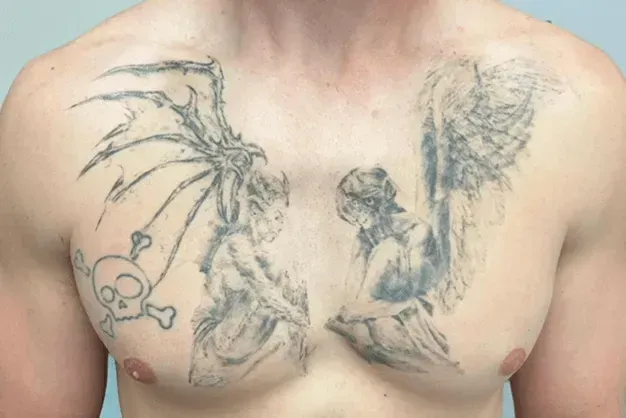 Chest tattoo: demon with skull and angel. Black and gray shading.