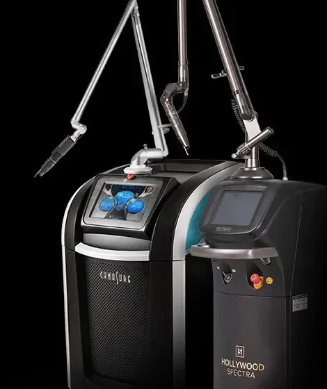 Black Picosure and Hollywood Spectra laser machine with attached arms and digital touchscreens.