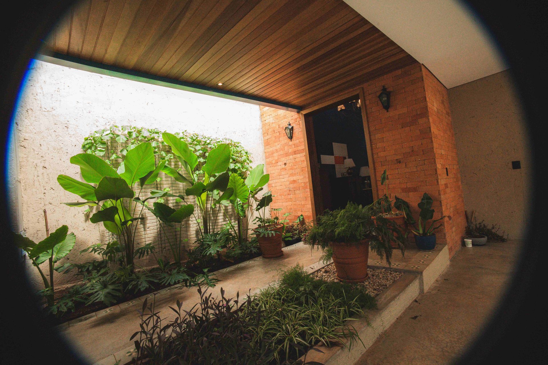 Vista em perspectiva olho de peixe da entrada de um edifício moderno com teto de madeira, paredes de pedra e um jardim exuberante em primeiro plano.