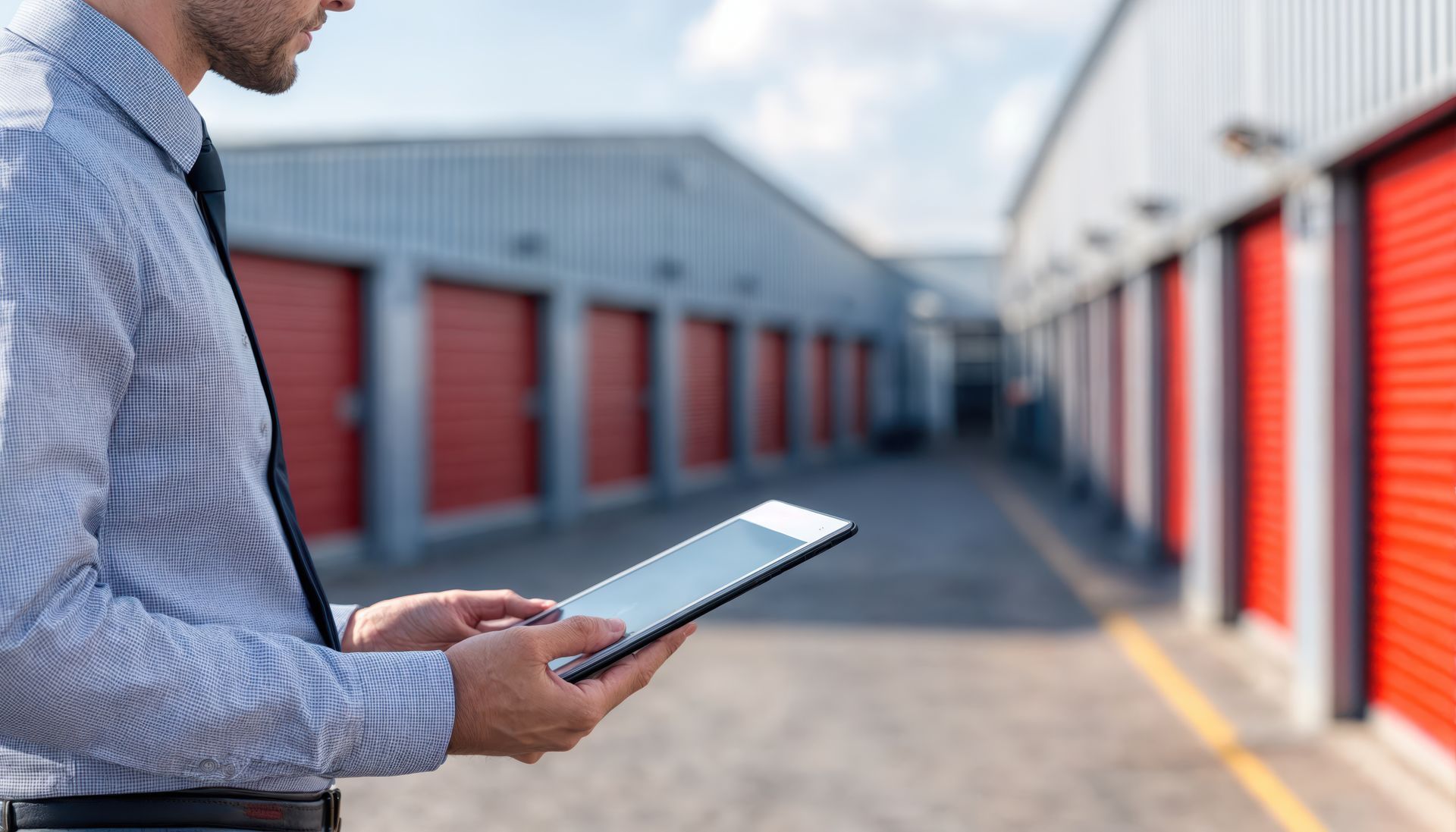 Person holding a tablet while standing in front of storage units with red doors.