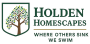 Logo for Holden Homescapes featuring a tree in a shield, dark green text, and the tagline "Where others sink we swim."