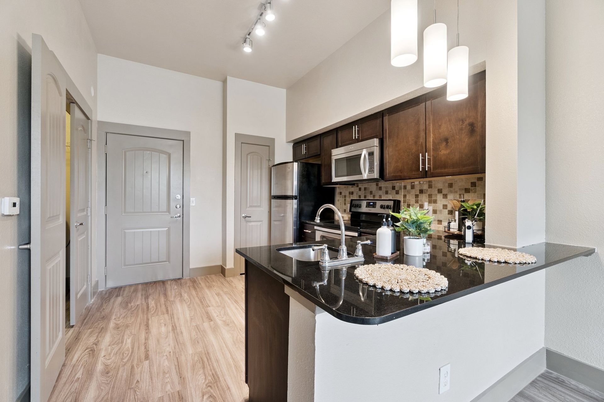 Modern kitchen with dark cabinets, stainless steel appliances, and a black countertop.