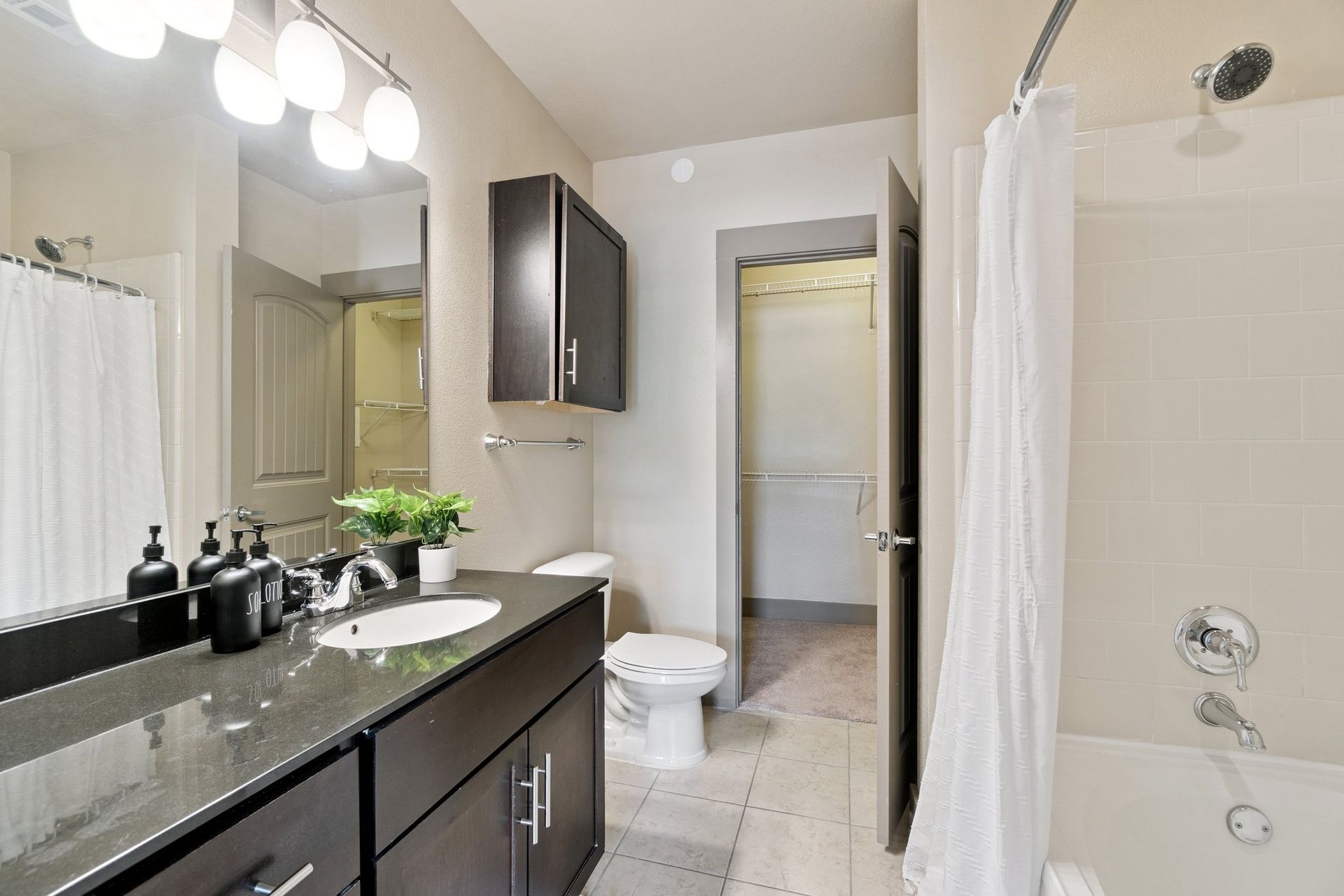 Bathroom with dark cabinetry, white fixtures, and a view into a closet.