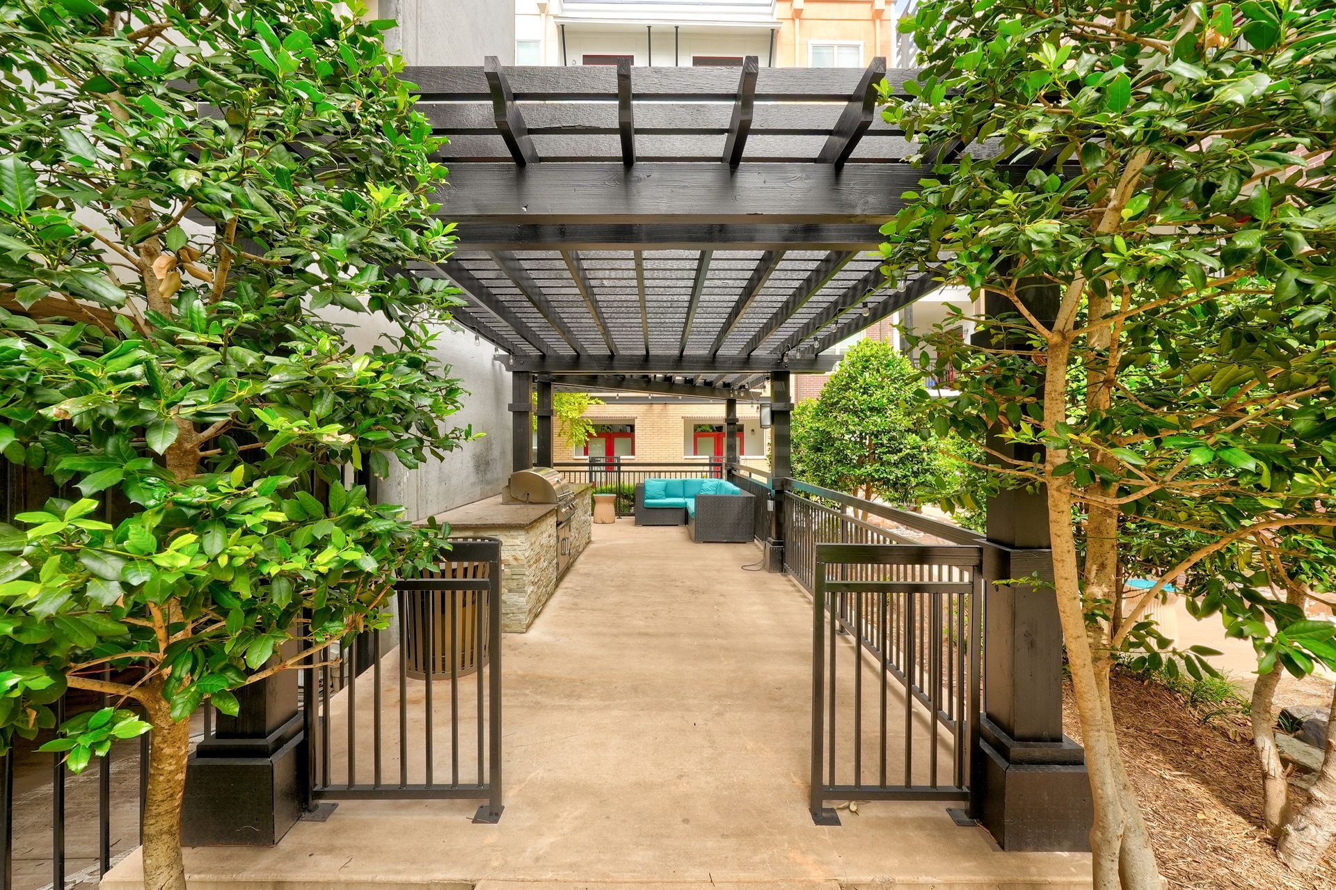 A pergola is surrounded by trees and a fence.