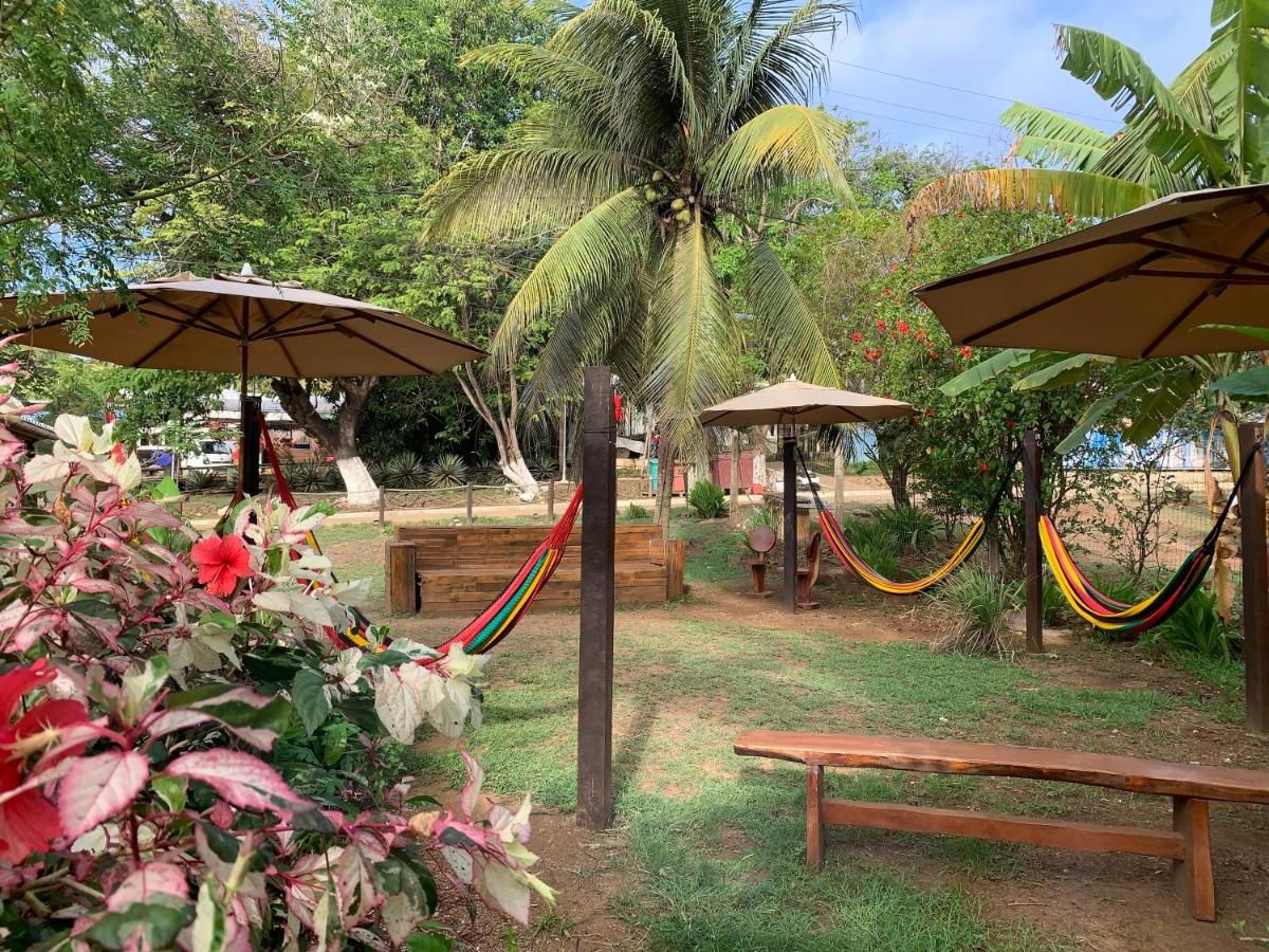 Uma área de piquenique com redes, guarda-sóis, bancos e palmeiras.