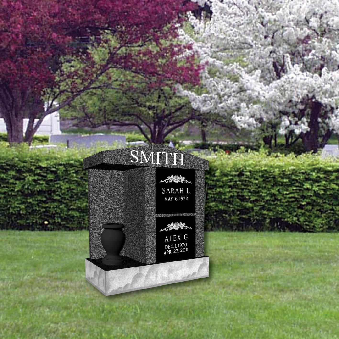 over under stacked headstone niche with vase