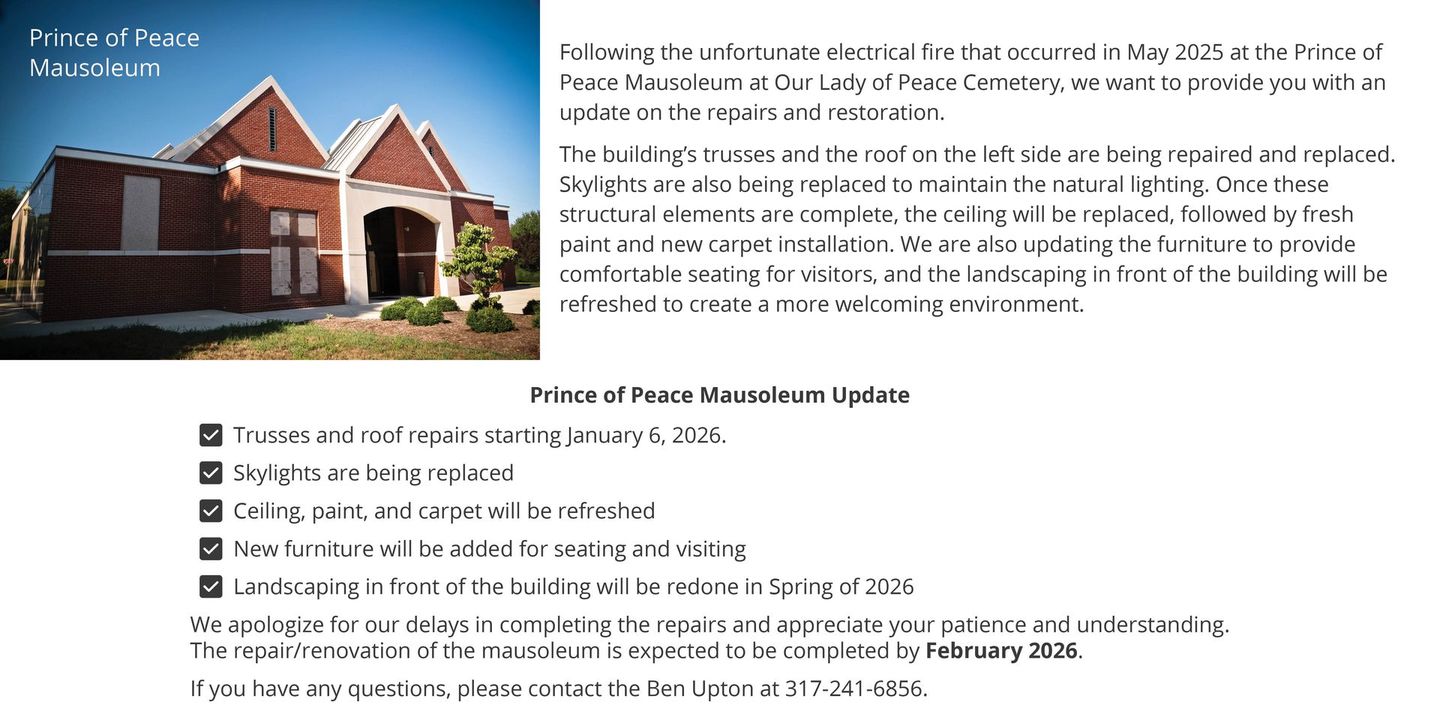 Exterior view of a brick building. Text and bullet points describe renovations at a cemetery.