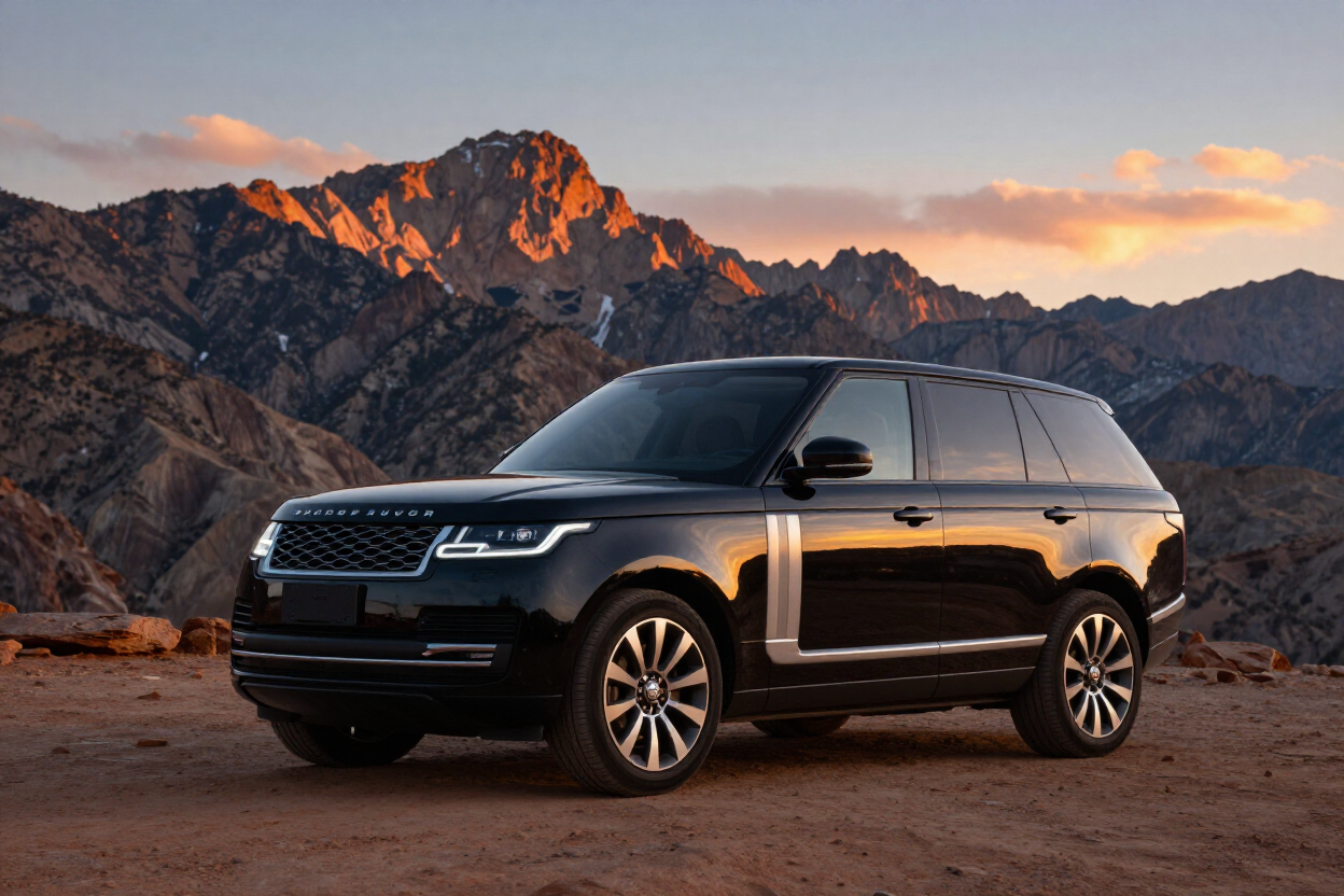 Professionally detailed luxury vehicle against Utah mountain backdrop at golden hour