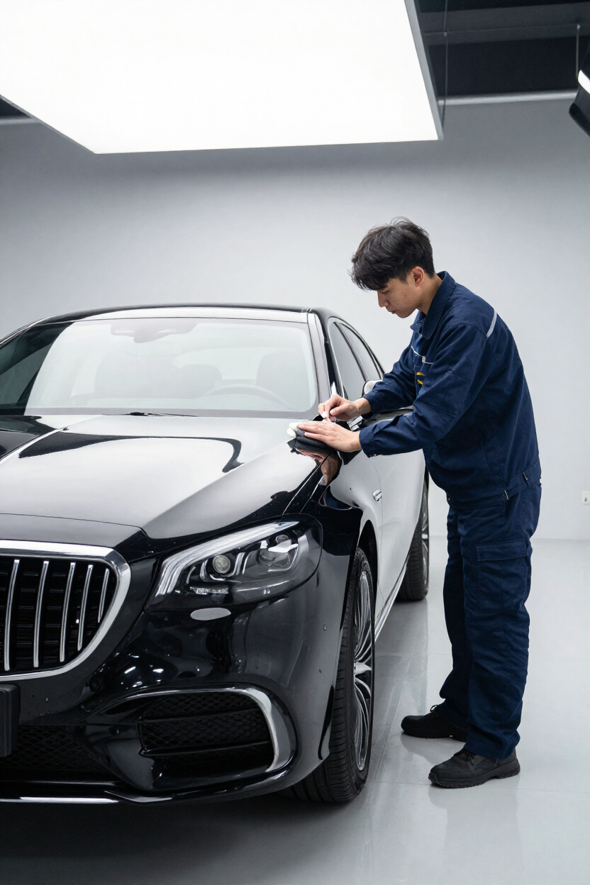 Professional auto detailer at work