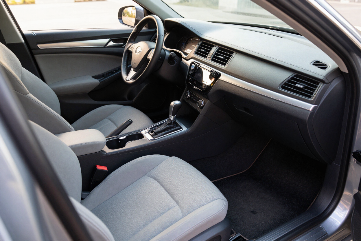 Grey sedan interior being vacuumed with sunlight highlighting clean surfaces