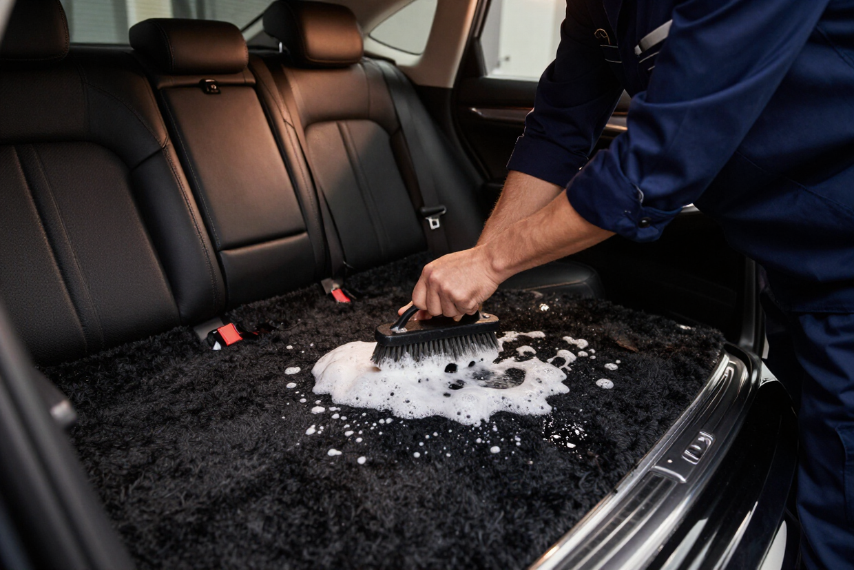 Technician shampooing dark charcoal carpet inside a black luxury sedan