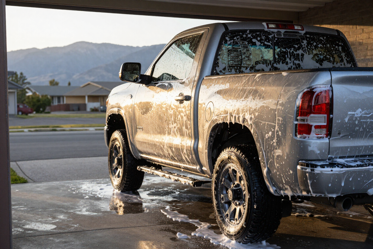 Gleaming silver truck receiving foam bath wash with Wasatch Mountains in background