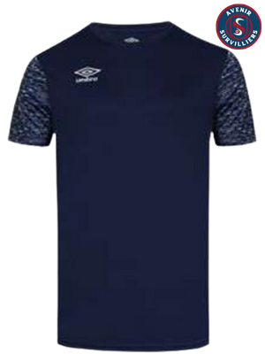 Un t-shirt bleu à manches courtes avec un logo sur le devant.