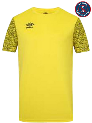 Un t-shirt jaune avec des manches noires et un logo sur le devant.