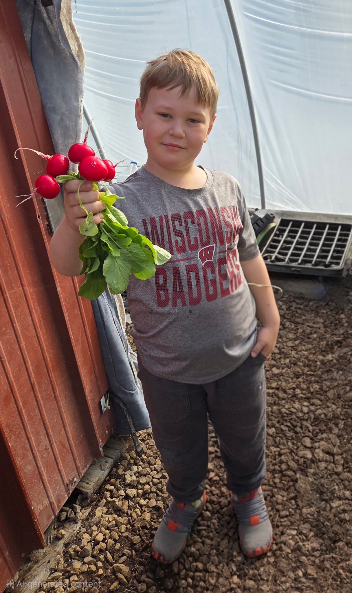 A person in a gray Wisconsin Badgers t-shirt holding a freshly picked bunch of red radishes inside a greenhouse.