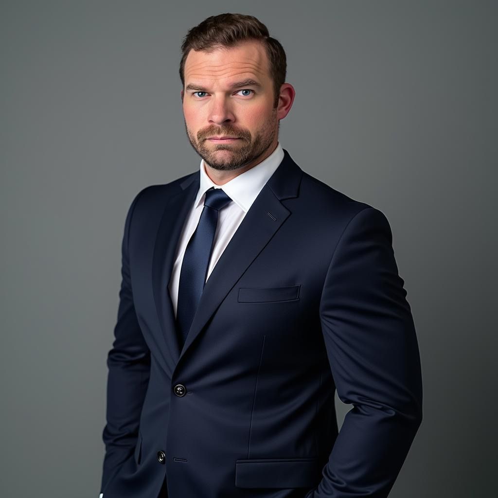 Man in a navy suit, looking serious, standing against a gray backdrop.