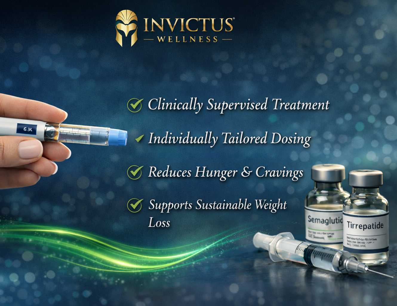 Ad for Invictus Wellness, featuring a hand holding a medical pen, vials, and syringe; highlights include supervised treatment and weight loss.