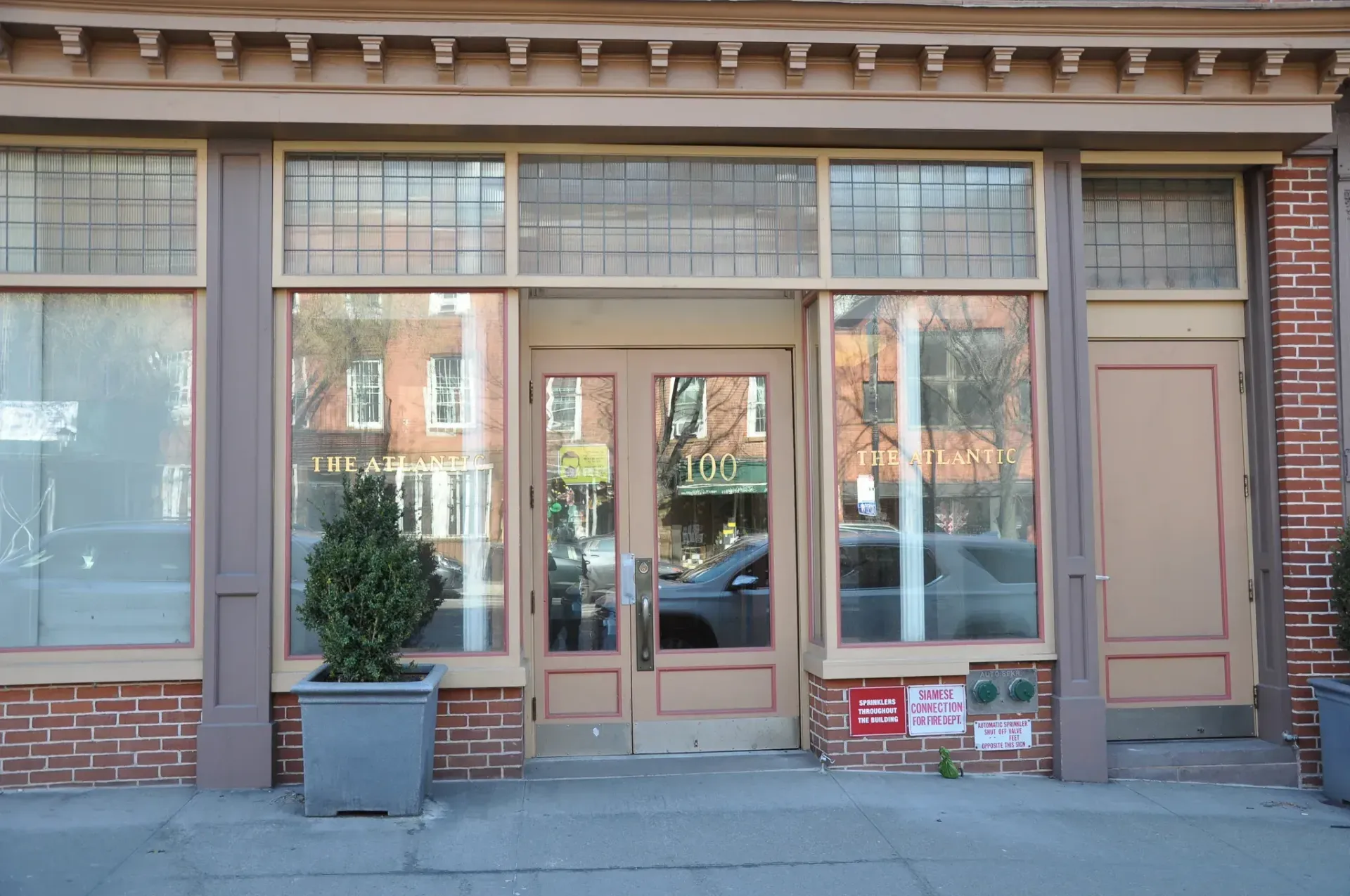 Storefront with large windows and a double-door entrance. A potted shrub sits near the left window