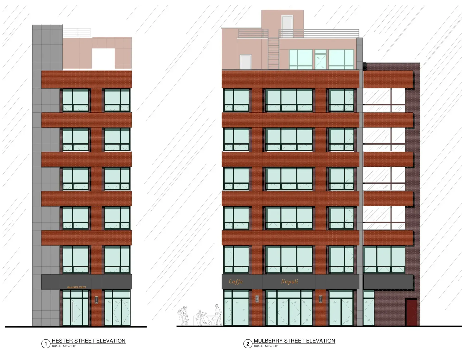 Two side-by-side architectural renderings of multi-story buildings with brick facades, windows, and varying roof designs.