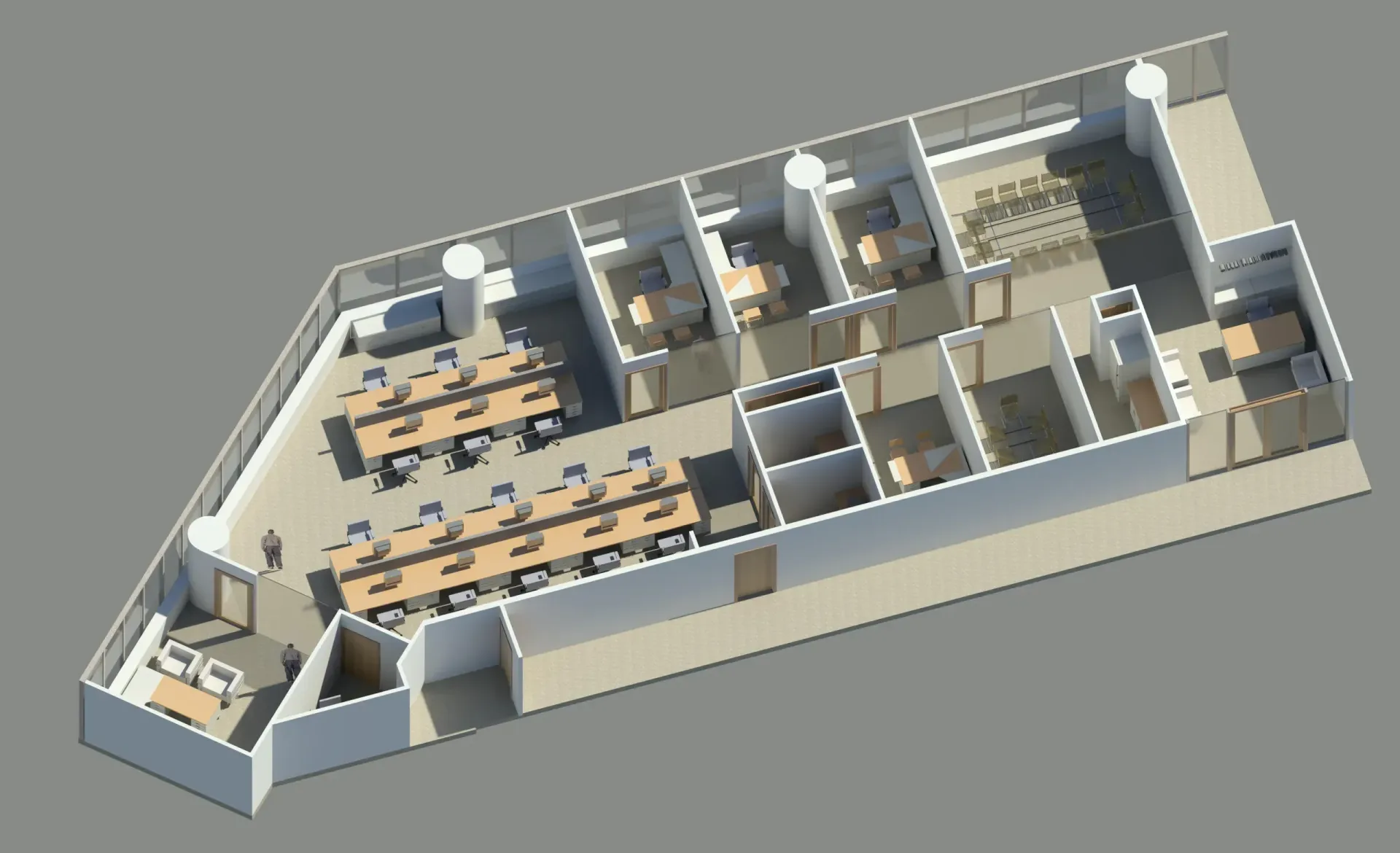 Isometric view of an office floor plan with workstations, individual offices, a break room, and restrooms