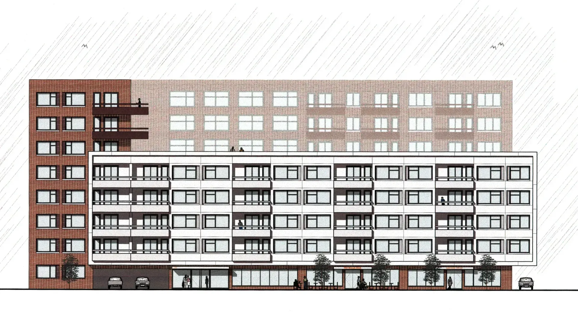 Architectural drawing of a multi-story building with a brick tower on the left, a white facade with balconies