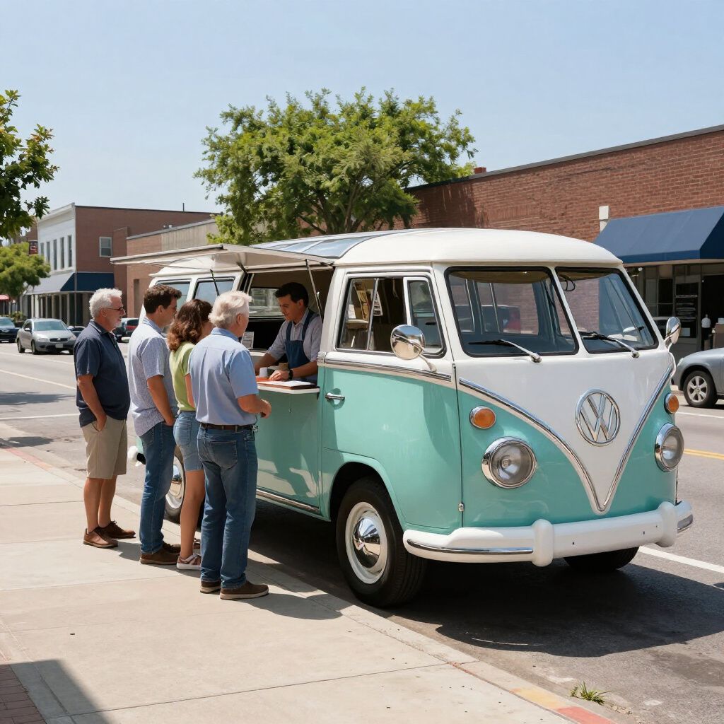 Vintage teal and white Volkswagen food truck with awning, serving customers on a sunny street.