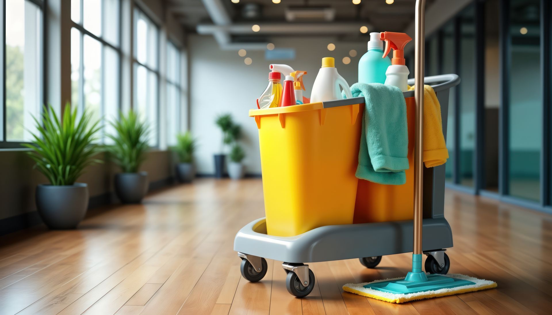 Cleaning supplies cart in office hallway used by commercial cleaning service for daily maintenance.