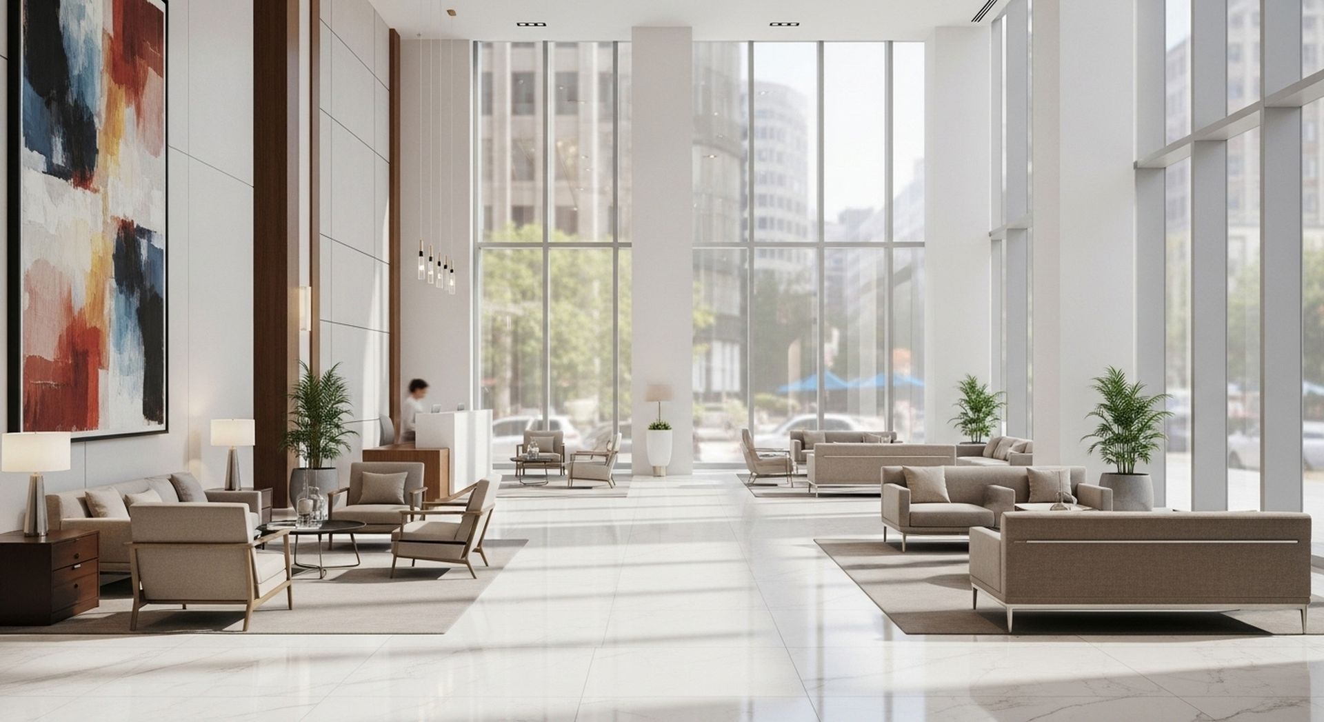 Spacious lobby with couches, chairs, and large windows. Abstract artwork on the wall, bright and airy.