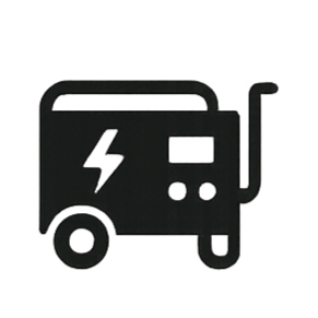 Icône en noir et blanc d'une machine à souder sur roues, avec une poignée et un symbole d'éclair.