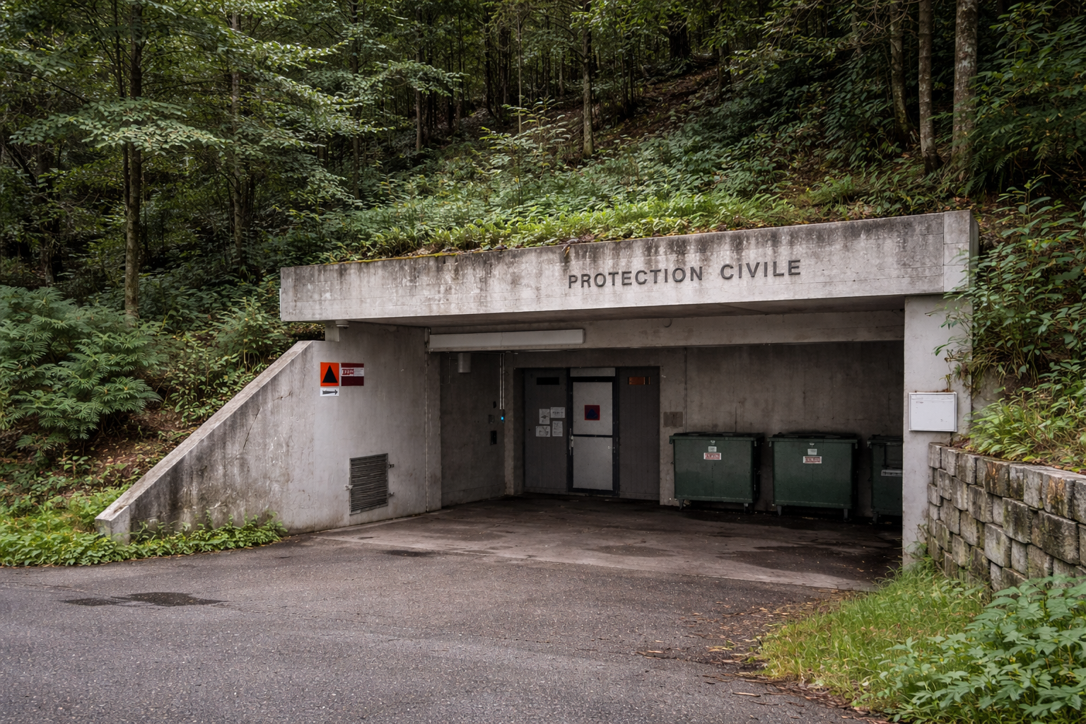 Un bâtiment patiné avec une grande porte grise, une façade en béton et de l'asphalte foncé devant.