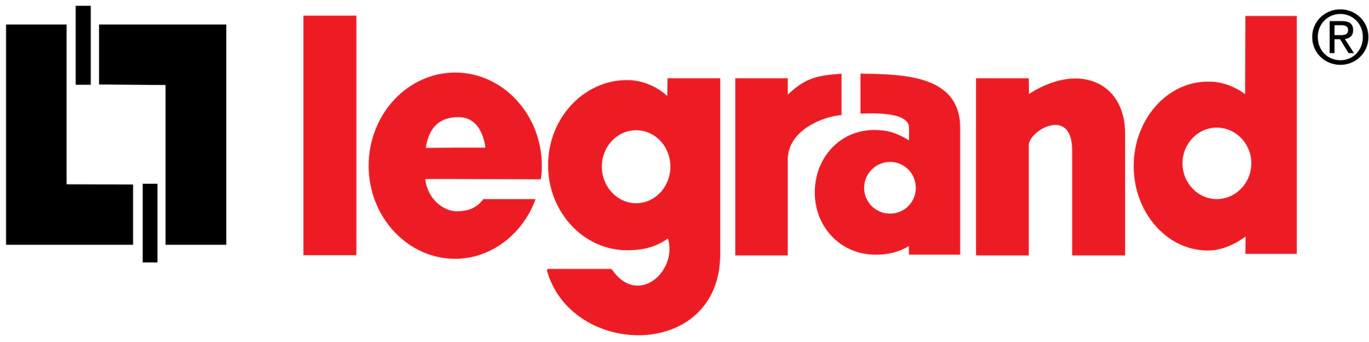 Logo Legrand : emblème carré noir à côté du mot-symbole rouge « legrand » avec le symbole de marque déposée.