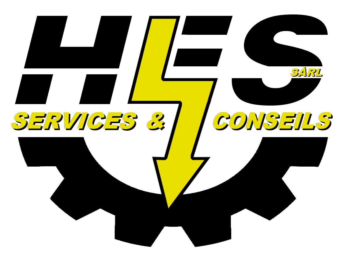 Logo noir et jaune : HES, Services & Conseils, avec un éclair traversant les lettres et un engrenage.