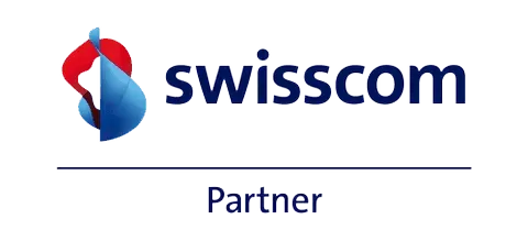Logo partenaire Swisscom avec graphique abstrait et texte.