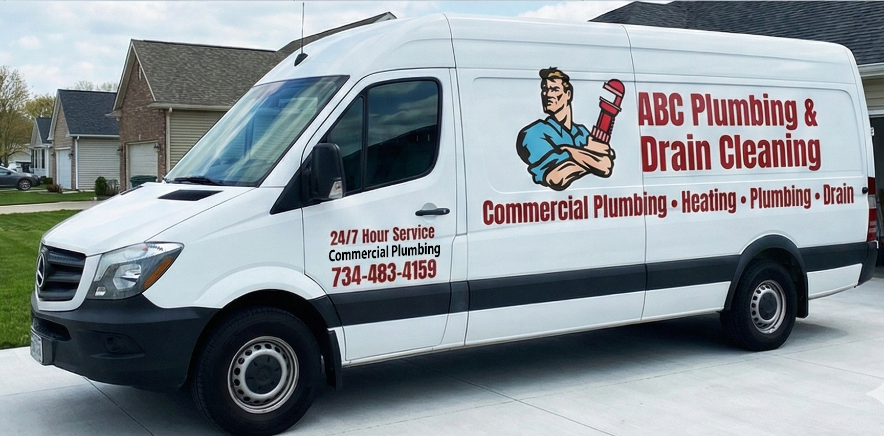 Two plumbing service vans with a trailer parked in a residential driveway.