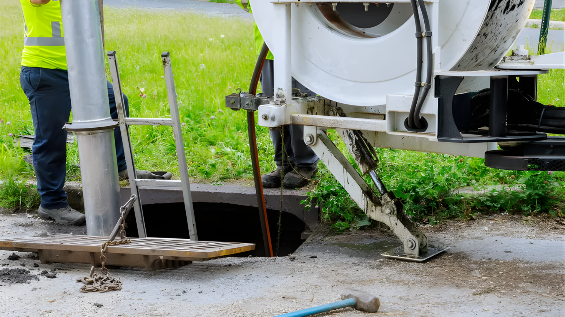 Workers inspecting a sewer with equipment near a manhole on a paved road.