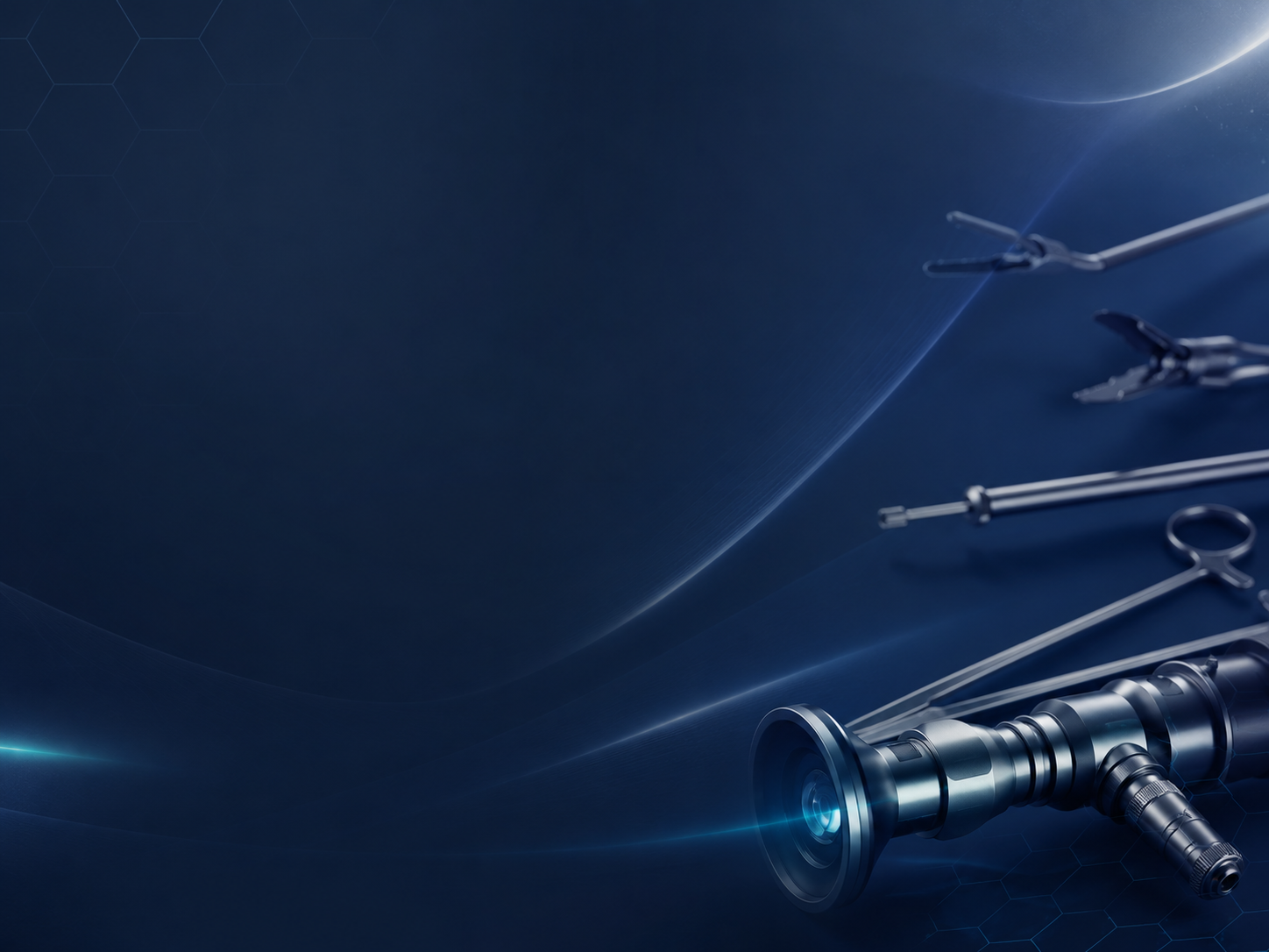 Medical surgical instruments on a blue background, including a metal endoscope and forceps