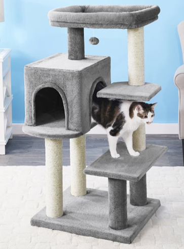 A cat is standing on a cat tree in a living room