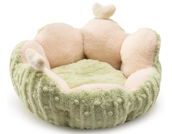 A green and pink dog bed with a heart on top