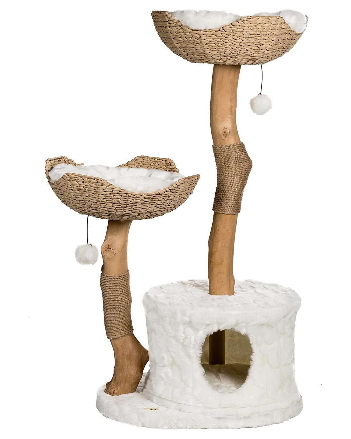 a cat tree with two baskets on top of it