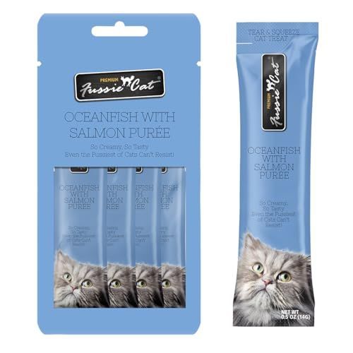 A package of fussie cat ocean fish with salmon puree for cats