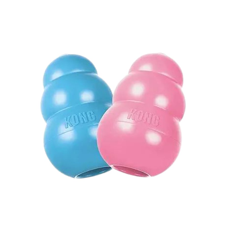 Two kong toys , one blue and one pink , are sitting next to each other on a white background.