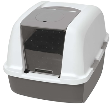 a grey and white cat litter box with a clear lid