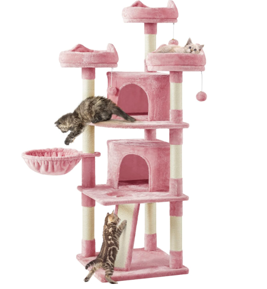 Two cats are playing on a pink cat tree.