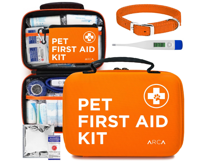 an orange pet first aid kit with a thermometer and a collar