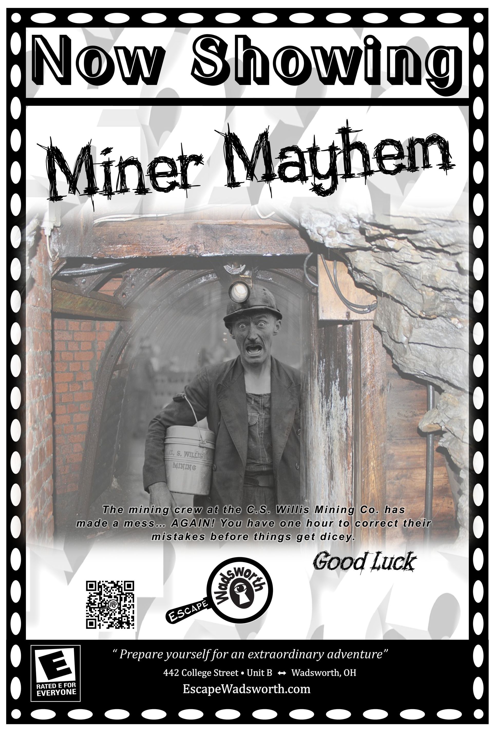 A poster that says now showing miner mayhem 