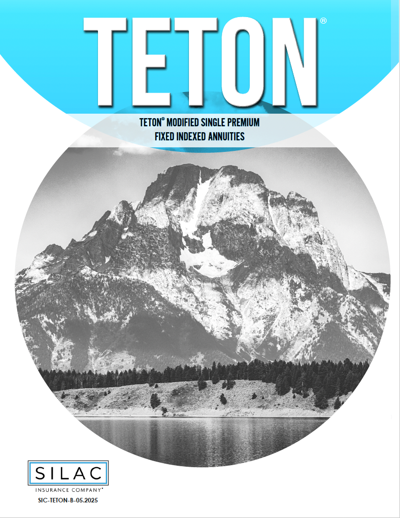 Brochure cover: hiker on mountain path; Symetra Stride Fixed Indexed Annuity advertisement; retirement planning.