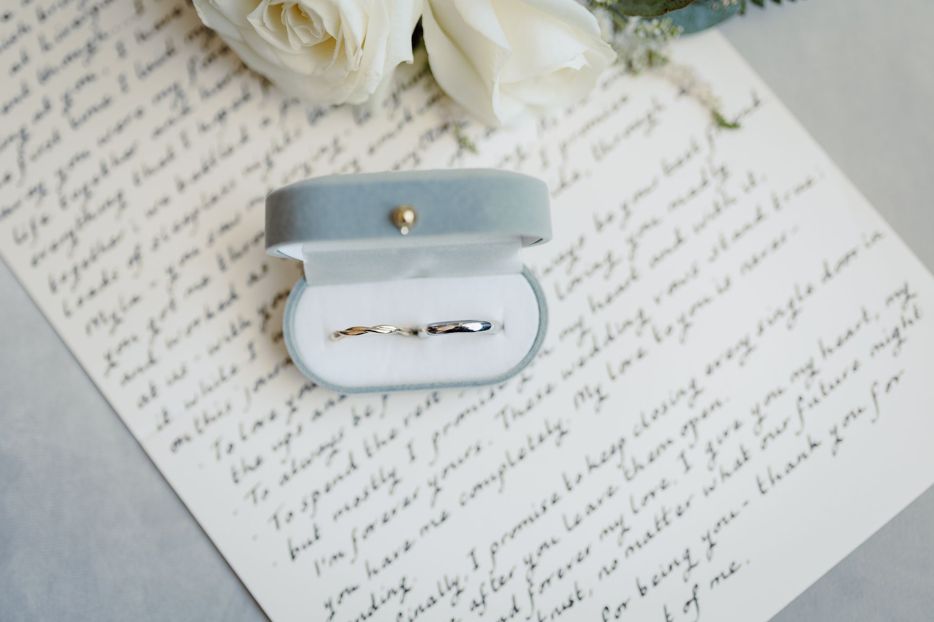 a wedding ring is sitting on top of a letter .