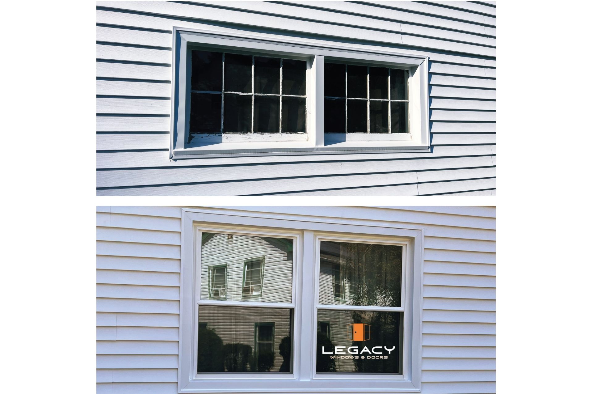 Two white windows on white siding: older divided-light and newer double-hung.